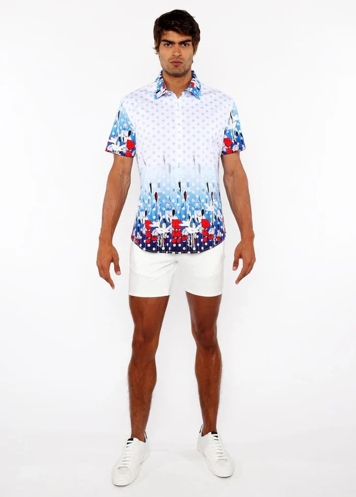 Cloud/Navy Dots Border Print Cotton Jersey Knit Short Sleeve Shirt St-9344