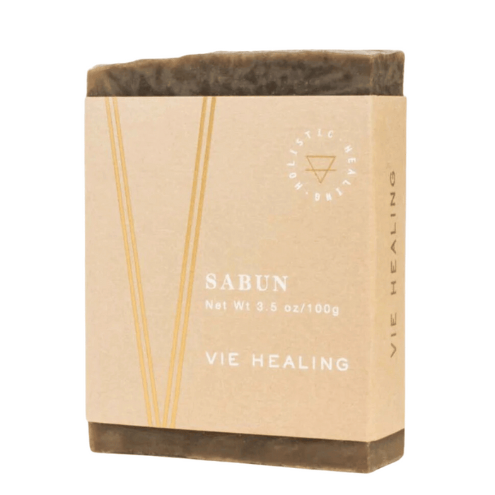Natural brown bar of Coffee Sabun Soap | Vie Healing wrapped in minimalist beige packaging with subtle text and a wellness symbol, perfect for skincare and body care.