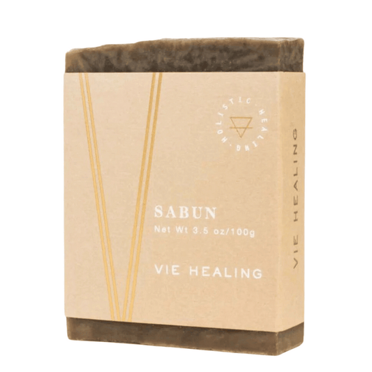 Natural brown bar of Coffee Sabun Soap | Vie Healing wrapped in minimalist beige packaging with subtle text and a wellness symbol, perfect for skincare and body care.