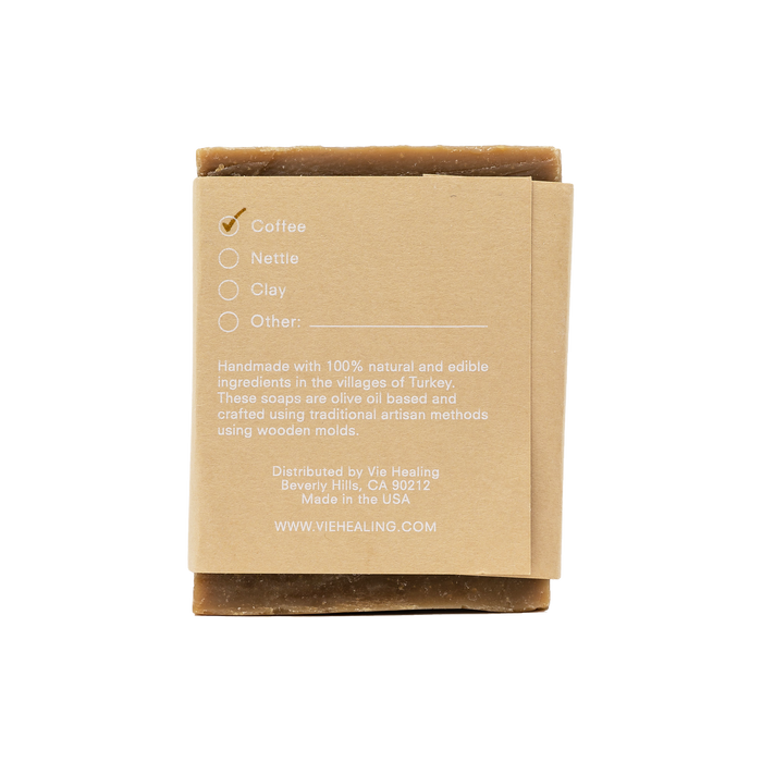 Back view of Coffee Sabun Soap | Vie Healing with natural, olive oil-based ingredients, handmade in Turkey using traditional artisan methods, wrapped in simple brown packaging.