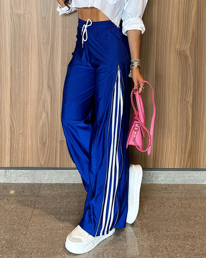 Contrast Side Striped & Zipper Slit Side Drawstring Elastic Waist Trousers Casual Wide Leg Pants 🇬🇧