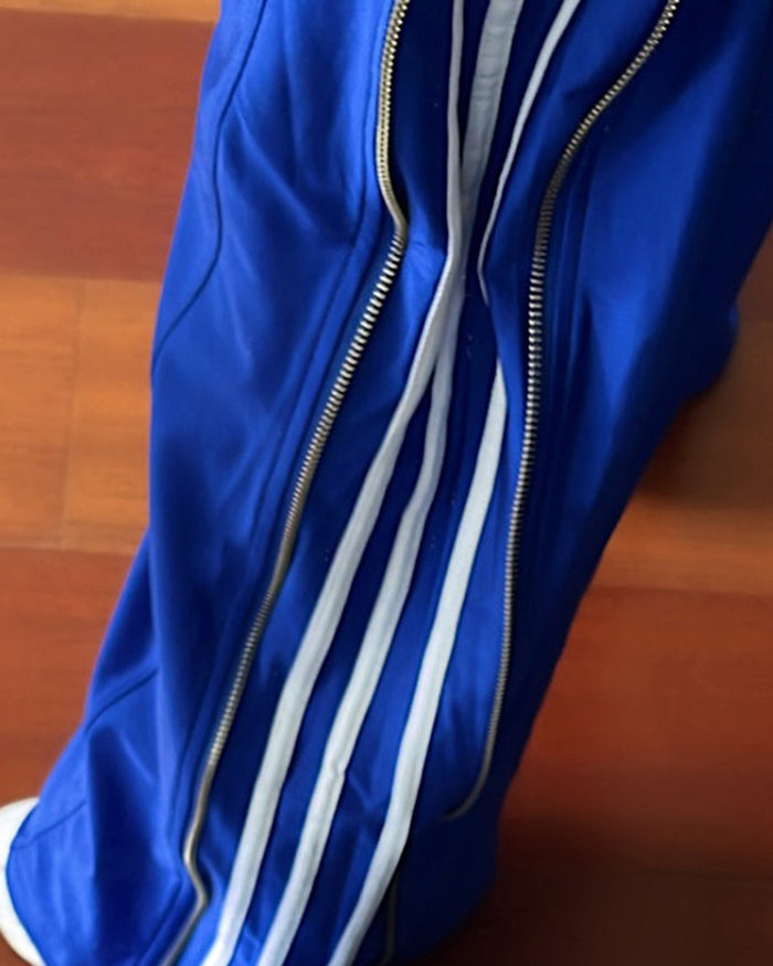 Contrast Side Striped & Zipper Slit Side Drawstring Elastic Waist Trousers Casual Wide Leg Pants 🇬🇧