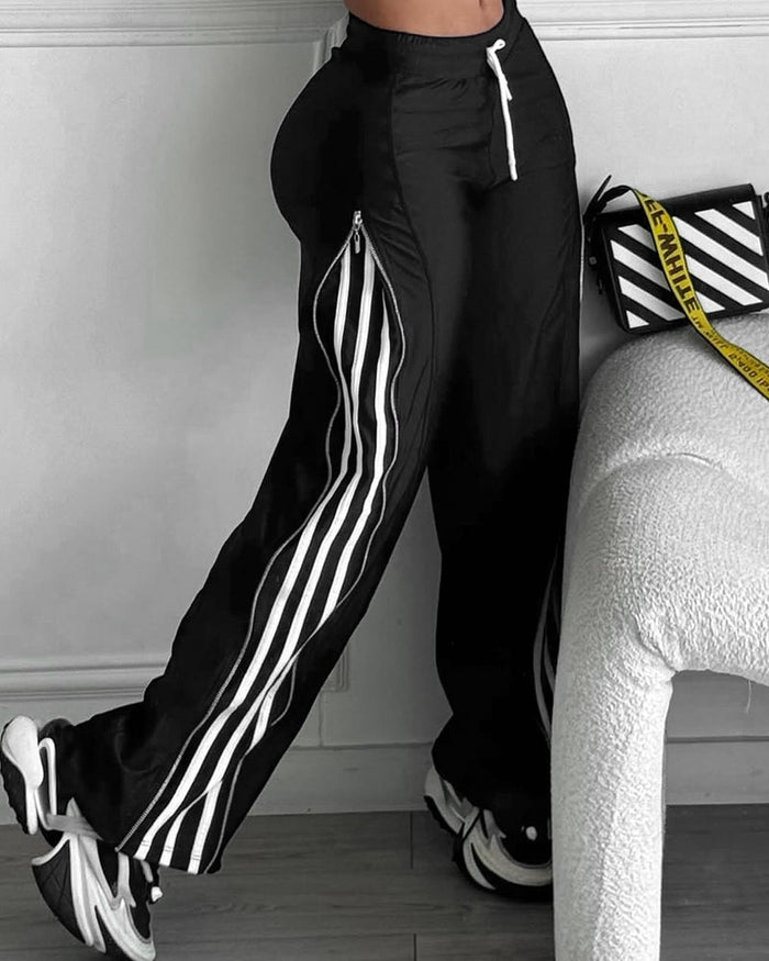 Contrast Side Striped & Zipper Slit Side Drawstring Elastic Waist Trousers Casual Wide Leg Pants 🇬🇧