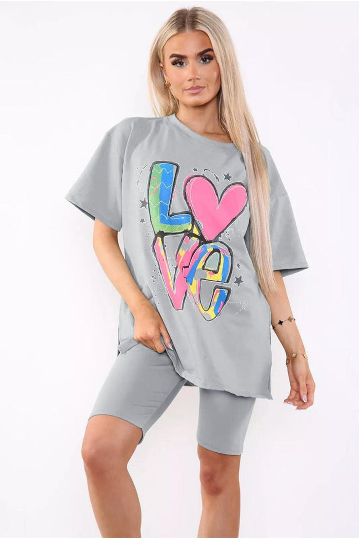 Cycling Short and T-Shirts Co-Ord Two Piece Side Slit Set with Front Printed Slogan 🇬🇧