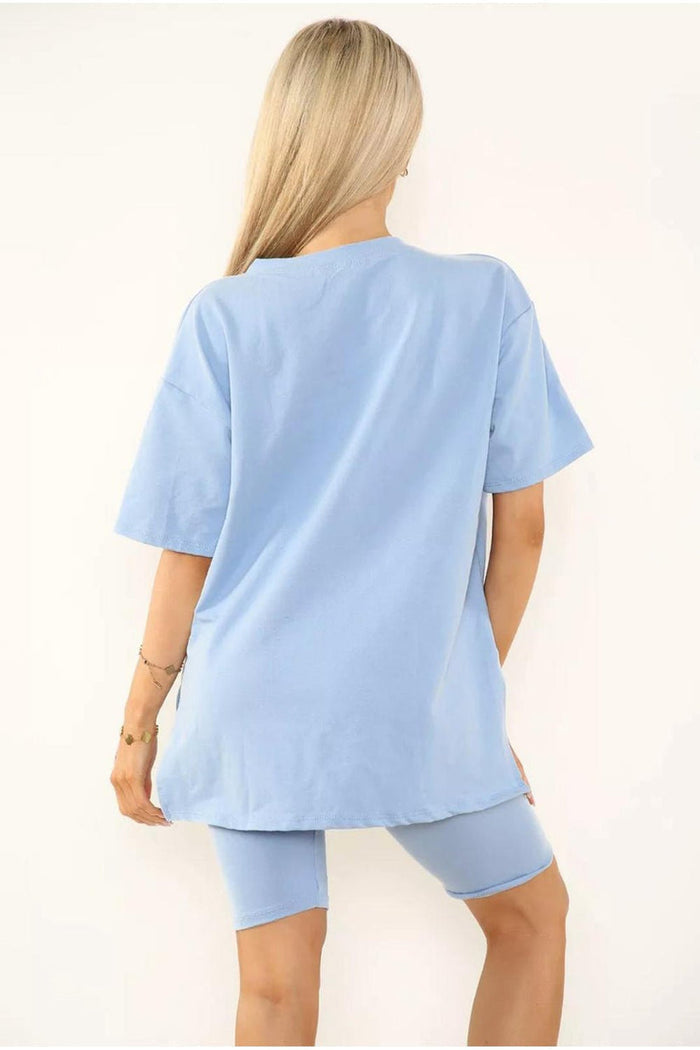 Cycling Short and T-Shirts Co-Ord Two Piece Side Slit Set with Front Printed Slogan 🇬🇧