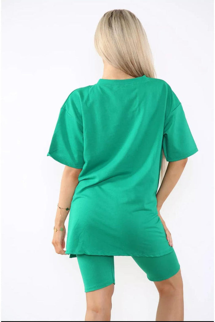 Cycling Short and T-Shirts Co-Ord Two Piece Side Slit Set with Front Printed Slogan 🇬🇧
