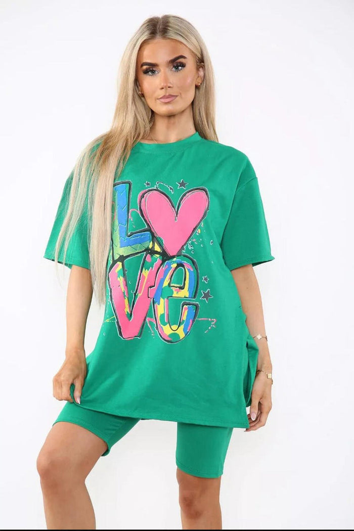 Cycling Short and T-Shirts Co-Ord Two Piece Side Slit Set with Front Printed Slogan 🇬🇧