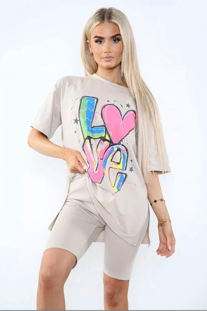Cycling Short and T-Shirts Co-Ord Two Piece Side Slit Set with Front Printed Slogan 🇬🇧