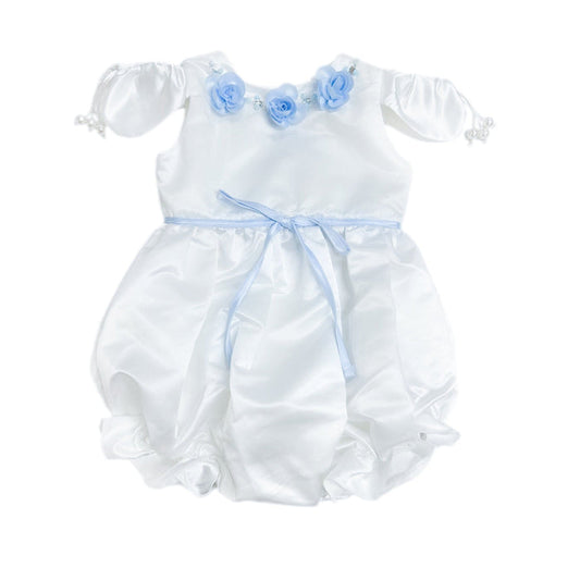 Daphne white satin girls romper with blue floral embroidery, hand beaded jewels, criss cross back, petal sleeves, and snap bottom closure.