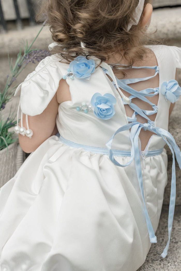 Daphne White Satin Romper with Blue Embroidery - Petite Maison Kids