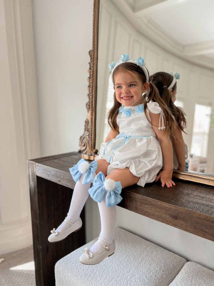 Daphne White Satin Romper with Blue Embroidery - Petite Maison Kids