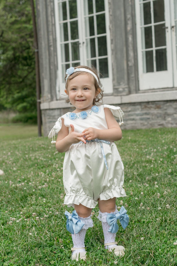 Daphne White Satin Romper with Blue Embroidery - Petite Maison Kids
