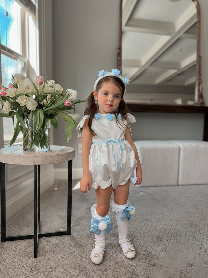 Daphne White Satin Romper with Blue Embroidery - Petite Maison Kids