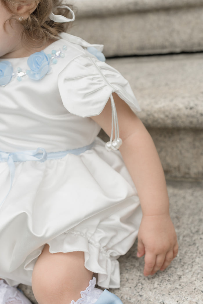 Daphne White Satin Romper with Blue Embroidery - Petite Maison Kids