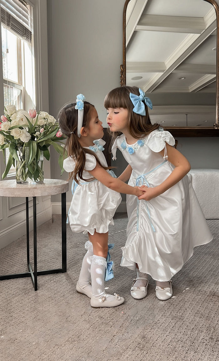 Daphne White Satin Romper with Blue Embroidery - Petite Maison Kids