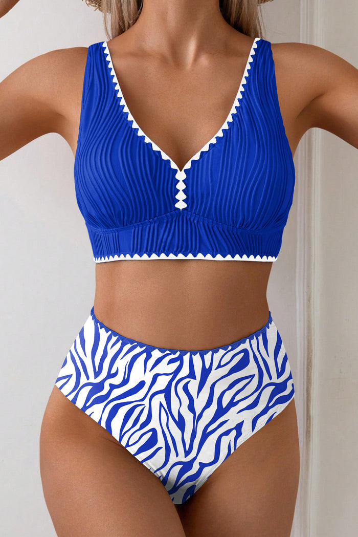 Dark Blue Shell Stitched Trim V Neck Textured Mix and Match High Waist Bikinis 🇺🇸