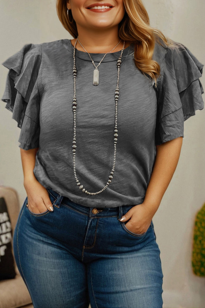 Dark Grey Double Ruffled Short Sleeve Plus Size Top 🇺🇸