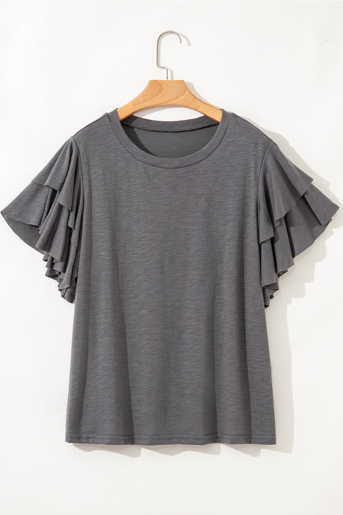 Dark Grey Double Ruffled Short Sleeve Plus Size Top 🇺🇸