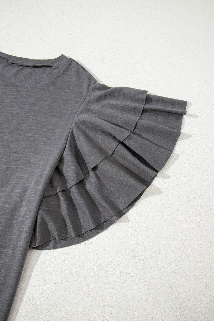 Dark Grey Double Ruffled Short Sleeve Plus Size Top 🇺🇸