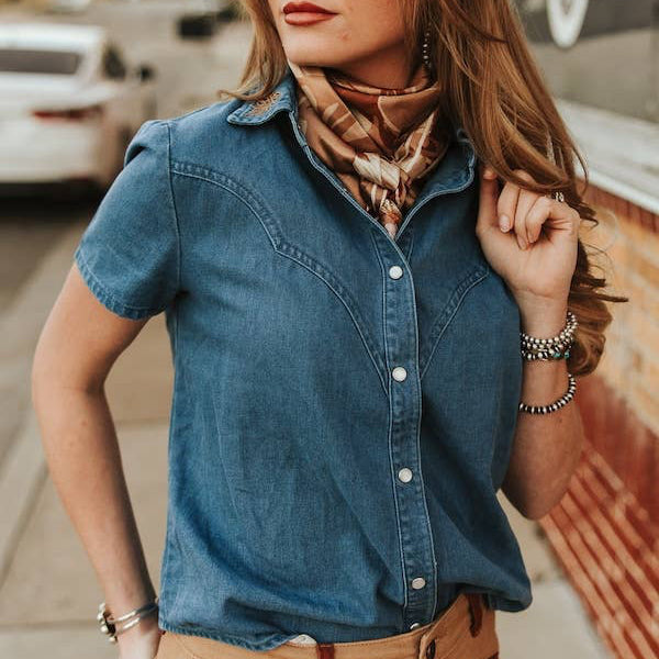 Dark Wash Stretch Denim Pearl Snap Boot-stitch Top