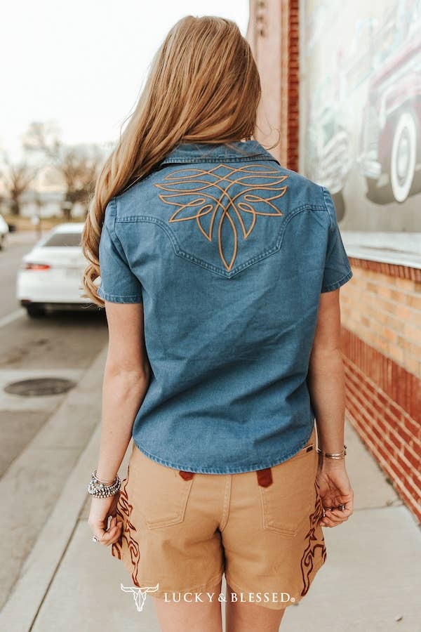 Dark Wash Stretch Denim Pearl Snap Boot-stitch Top