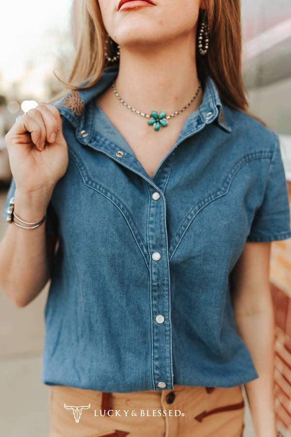 Dark Wash Stretch Denim Pearl Snap Boot-stitch Top