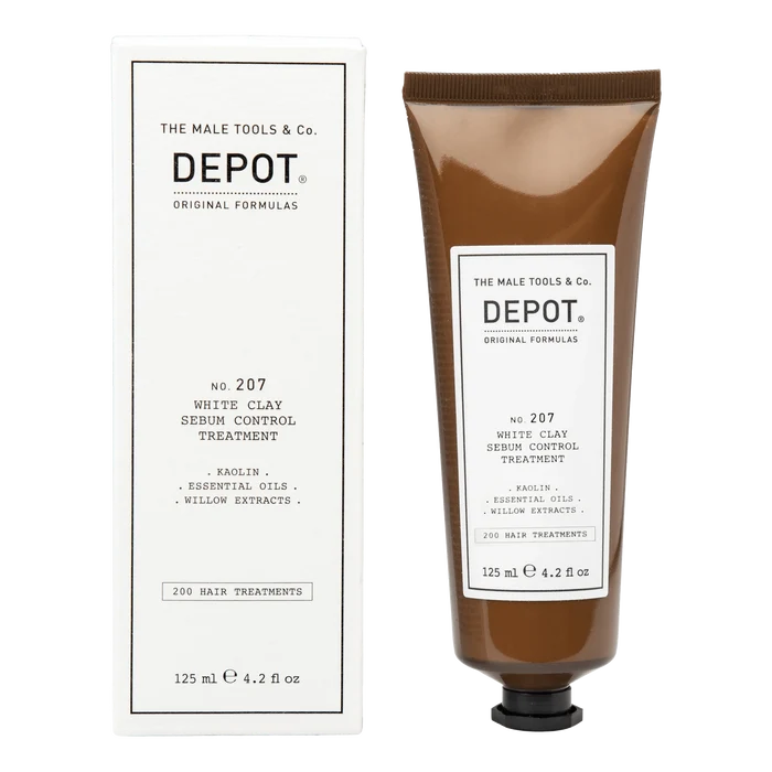 Depot No. 207 hvit leire hårkur i kartong og tub for fet hodebunn
