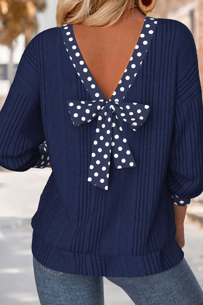 Dirty blue Polka Dot Trimmed V Neck Bow Tie Textured Ribbed Top 🇺🇸