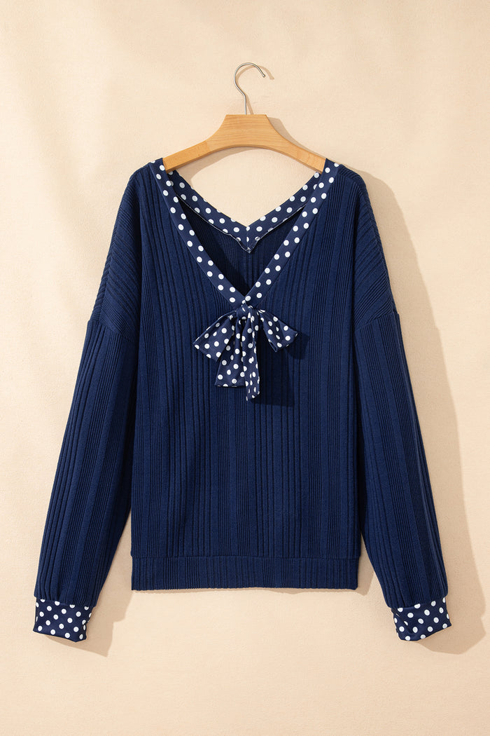 Dirty blue Polka Dot Trimmed V Neck Bow Tie Textured Ribbed Top 🇺🇸