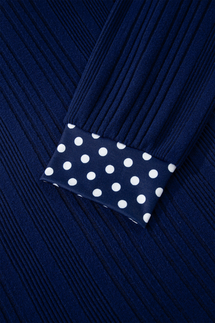 Dirty blue Polka Dot Trimmed V Neck Bow Tie Textured Ribbed Top 🇺🇸