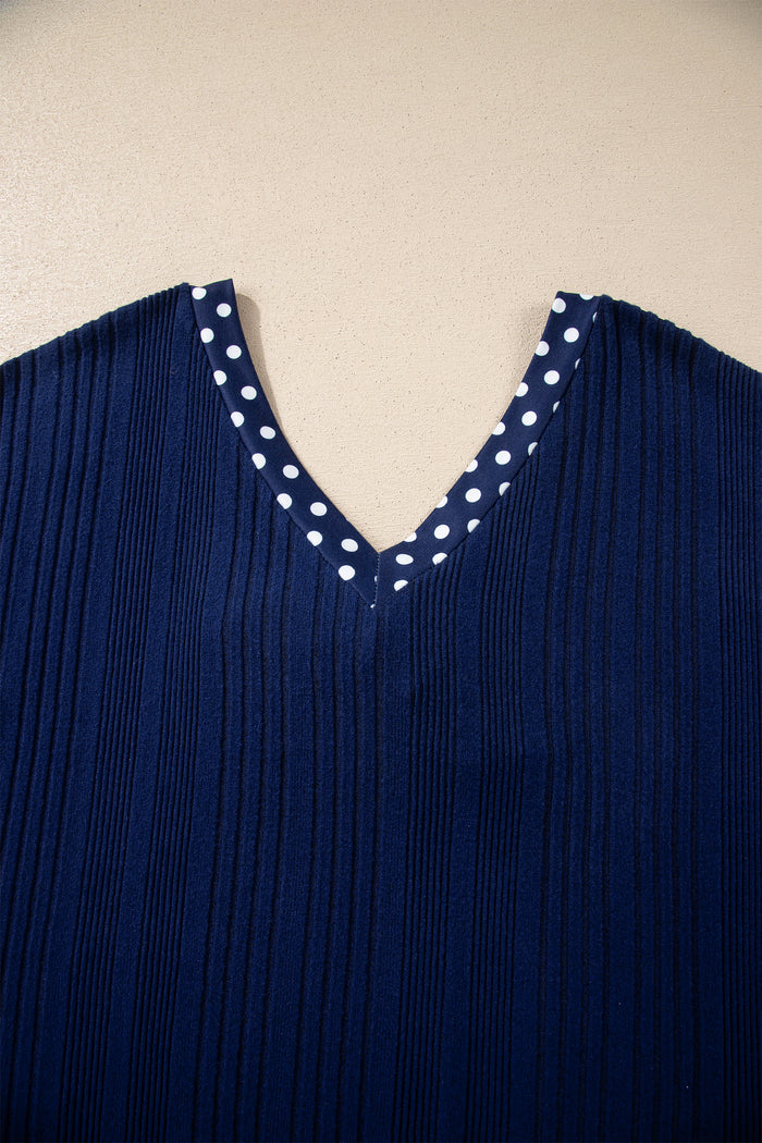 Dirty blue Polka Dot Trimmed V Neck Bow Tie Textured Ribbed Top 🇺🇸