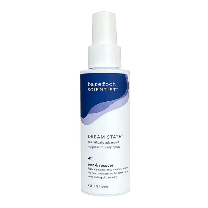 Bottle of DREAM STATE | Barefoot Scientist magnesium sleep spray designed for rest and recovery, promoting calm muscles and soothing the senses for better sleep and relaxation.