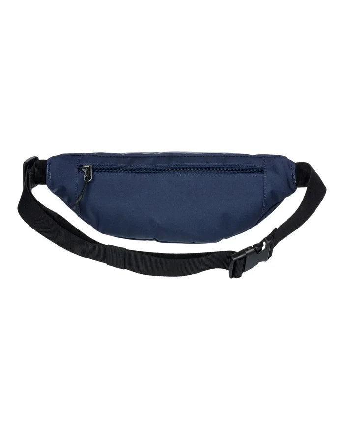 Navy blue waist bag with a black strap on a white background