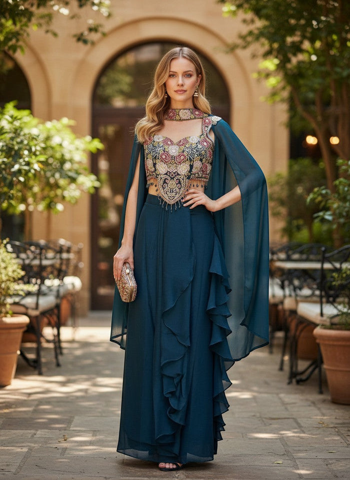 Kurti Connection USA teal embellished crop top and skirt set with floral embroidery, beaded fringe, and cape overlay.