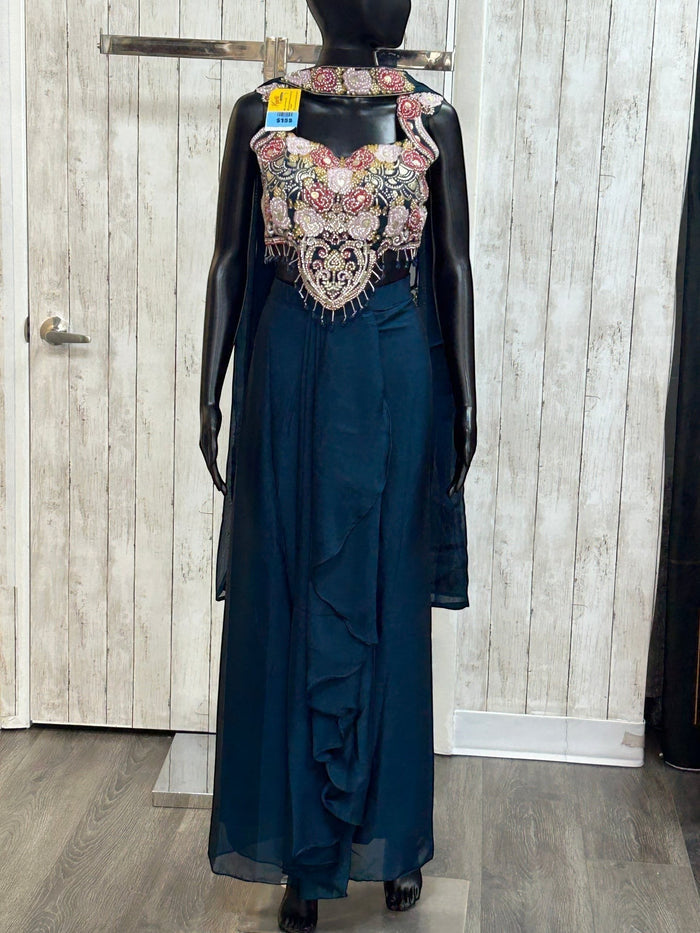 Kurti Connection USA deep teal embellished crop top and chiffon skirt set with floral embroidery and cape overlay