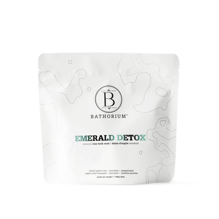 White resealable pouch packaging of Emerald Detox Clay Mineral Soak | Bathorium featuring minimalist design with subtle topographic lines and Bathorium logo at center.