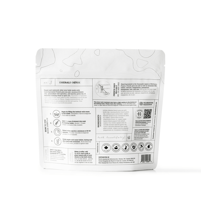 Back of package for Emerald Detox Clay Mineral Soak | Bathorium showing usage instructions, ingredient details, and wellness certifications for body care and skincare routines.