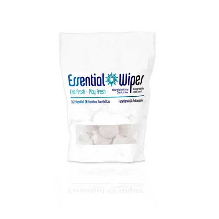 Essential Wipes - Eco Pak (35 wipes) | Functional Botanicals shown in a white resealable pouch containing biodegradable, naturally sanitizing bamboo towelettes for skincare and body care.