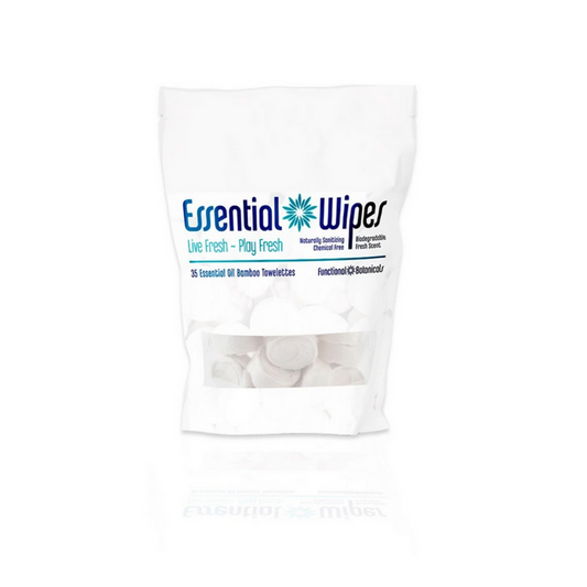Essential Wipes - Eco Pak (35 wipes) | Functional Botanicals shown in a white resealable pouch containing biodegradable, naturally sanitizing bamboo towelettes for skincare and body care.