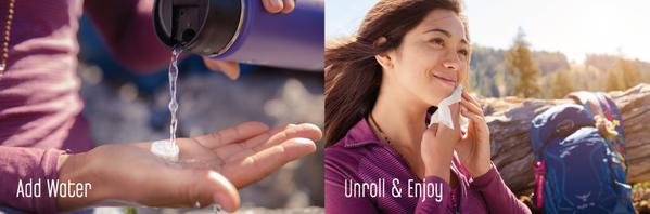 Woman using Essential Wipes - Eco Pak (35 wipes) | Functional Botanicals outdoors, demonstrating adding water and unrolling the wipe for skincare and body care while enjoying nature.