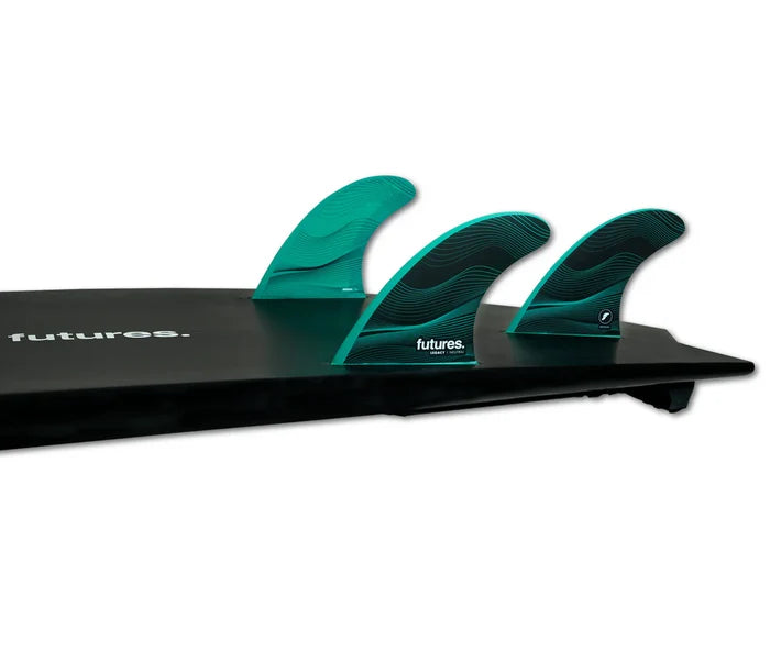 F6 Honeycomb Legacy Tri Futures Fins installed on surfboard view