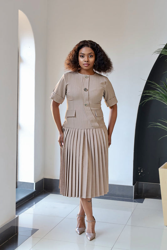 Fabrosanz: Stone Beige Drop-waist Pinstripe Dress