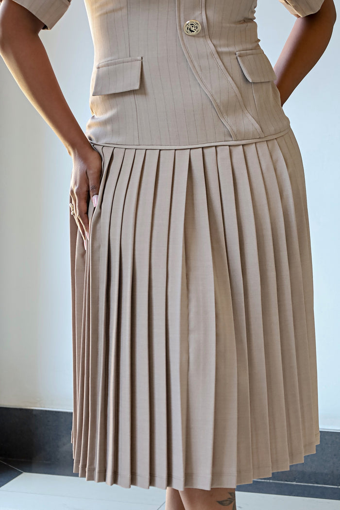 Fabrosanz: Stone Beige Drop-waist Pinstripe Dress
