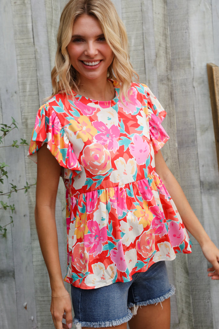 Feeling Femme' Coral Floral Print Folded Short Sleeve Babydoll Top