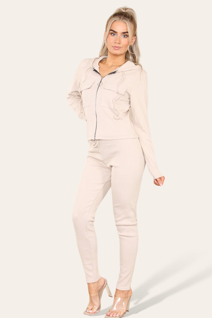 Front Pocket Zip Suit Ribbed Hooded Lounge Wear Set 🇬🇧
