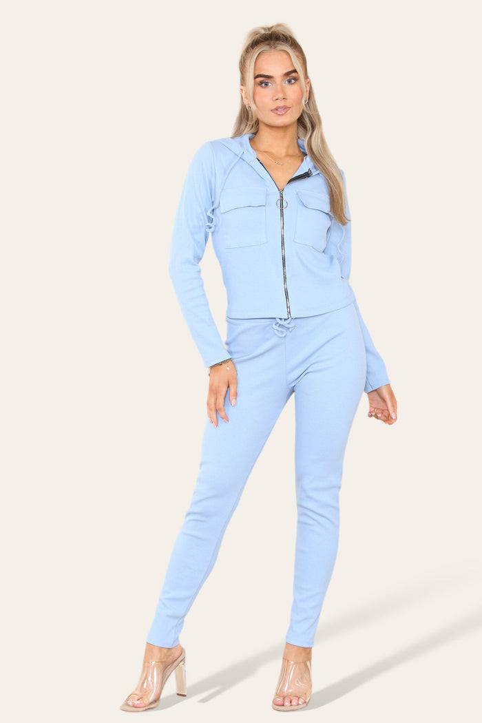 Front Pocket Zip Suit Ribbed Hooded Lounge Wear Set 🇬🇧