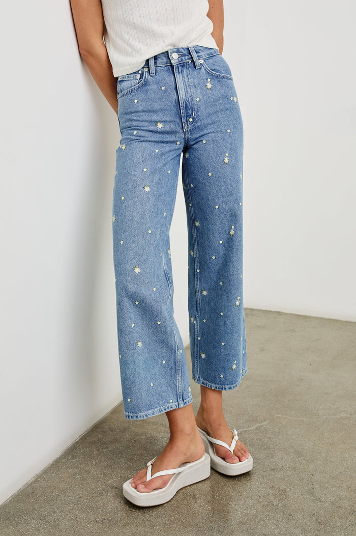 Getty cropped wide leg jean with Indigo Floral detailed embroidery - front view on model