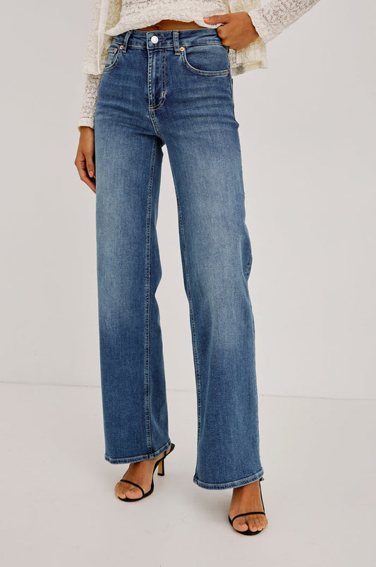 Getty Wide Leg Denim Pants with Belt Loops, Two Front Pockets and Two Back Patch Pockets in East Coast Colorway - Front View Featured on Model
