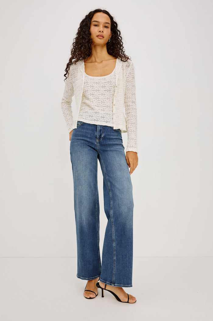 Getty Wide Leg Denim Pants with Belt Loops, Two Front Pockets and Two Back Patch Pockets in East Coast Colorway - Front Full Body View Featured on Model