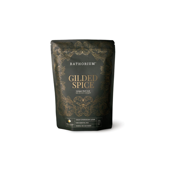 Gilded Spice Limited Edition Bath Soak | Bathorium in an elegant black and gold resealable pouch, designed for a luxurious skincare and wellness soak experience.